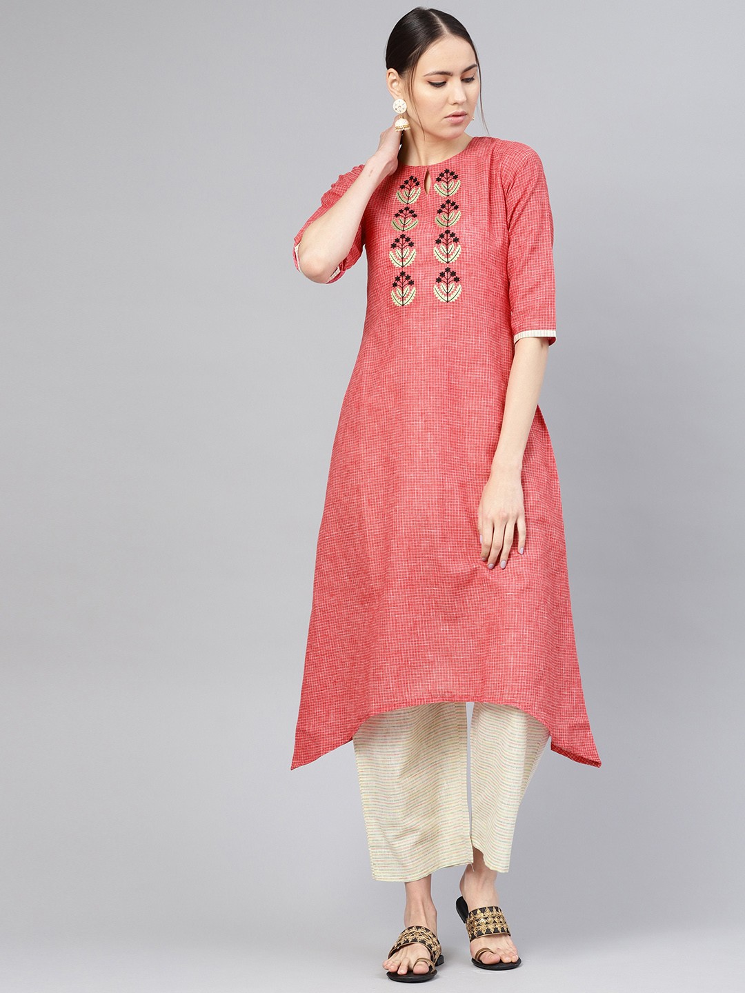 

Libas Women Pink & Beige Checked Kurta with Palazzos