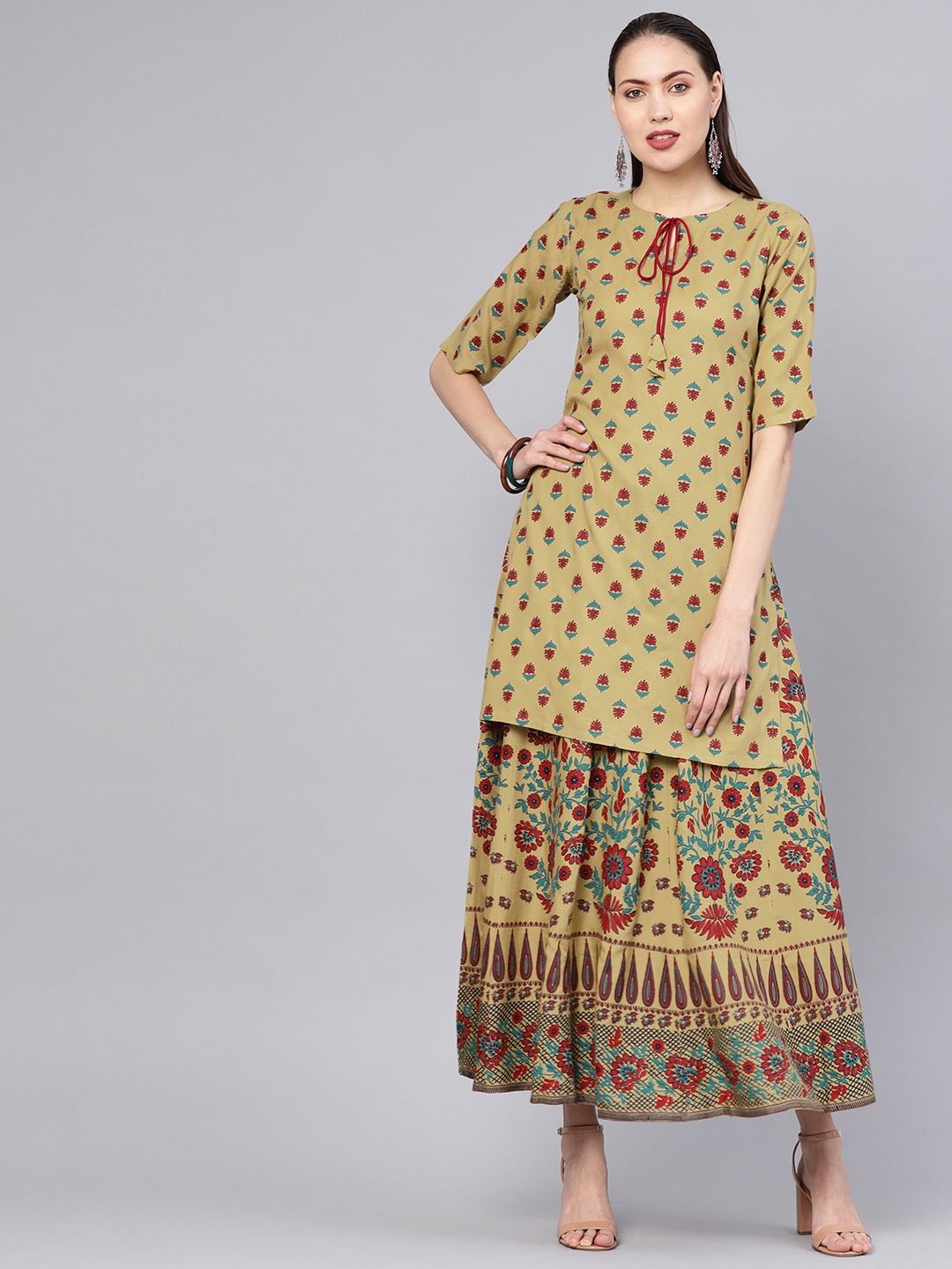

Libas Women Olive Green & Maroon Printed Kurti with Skirt