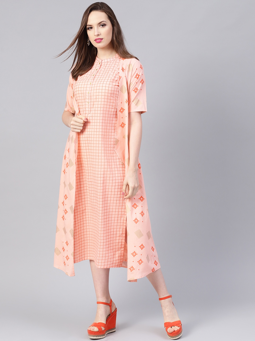 

Libas Women Peach-Coloured & Golden A-Line Dress with Ethnic Jacket