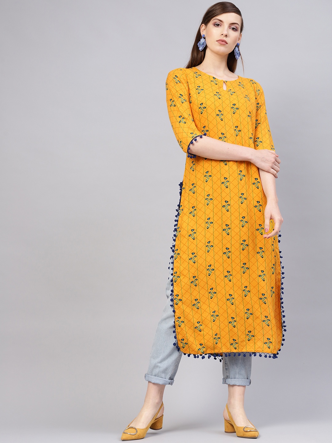 

Libas Women Mustard Yellow & Green Printed Straight Kurta