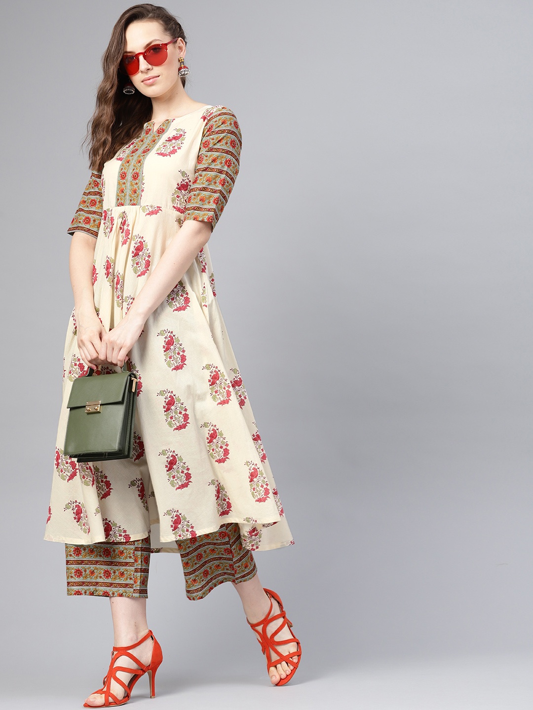

Libas Women Cream-Coloured & Green Printed Kurta with Palazzos