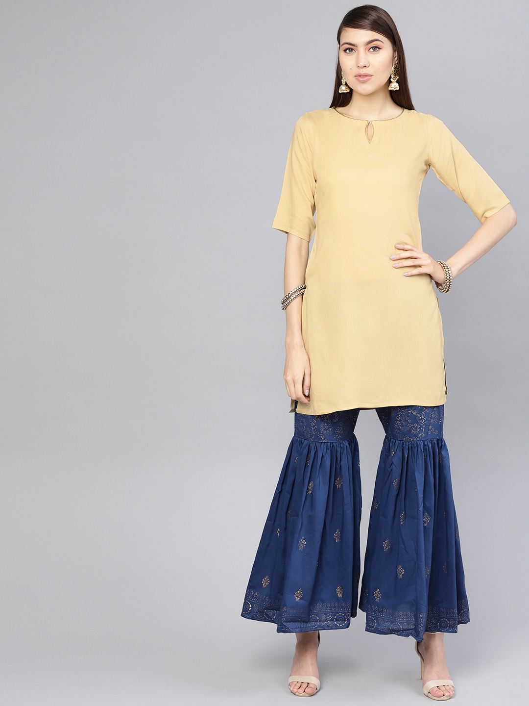 Libas Women Beige & Navy Blue Solid Kurta with Sharara