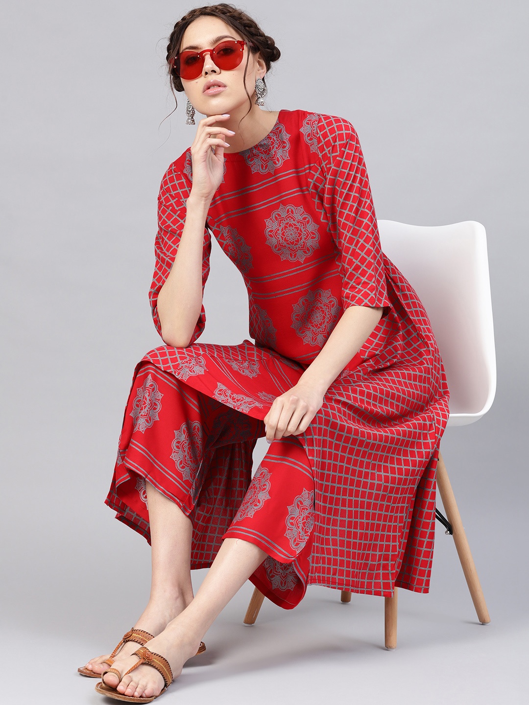 

Libas Women Red & Grey Printed Kurta with Palazzos