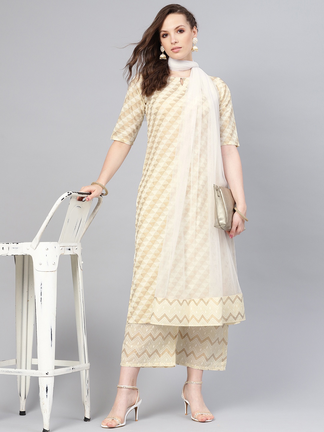 

Libas Women Beige & Golden Printed Kurta with Palazzos & Dupatta