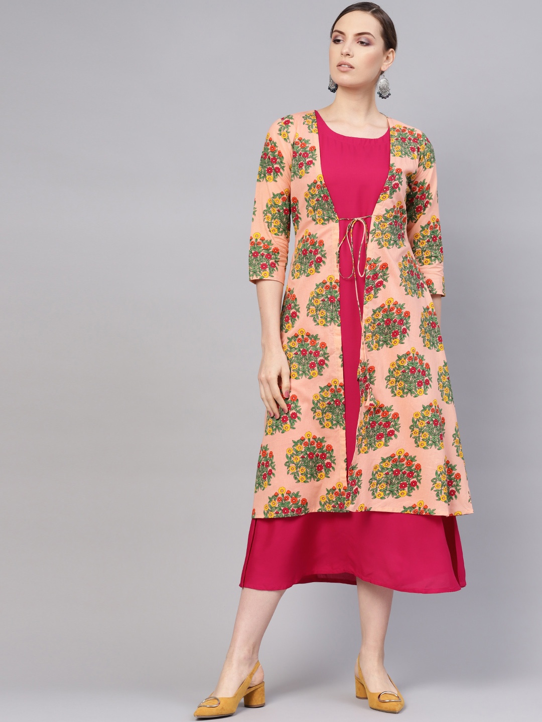

Libas Women Pink & Peach-Coloured Solid A-Line Dress with Shrug