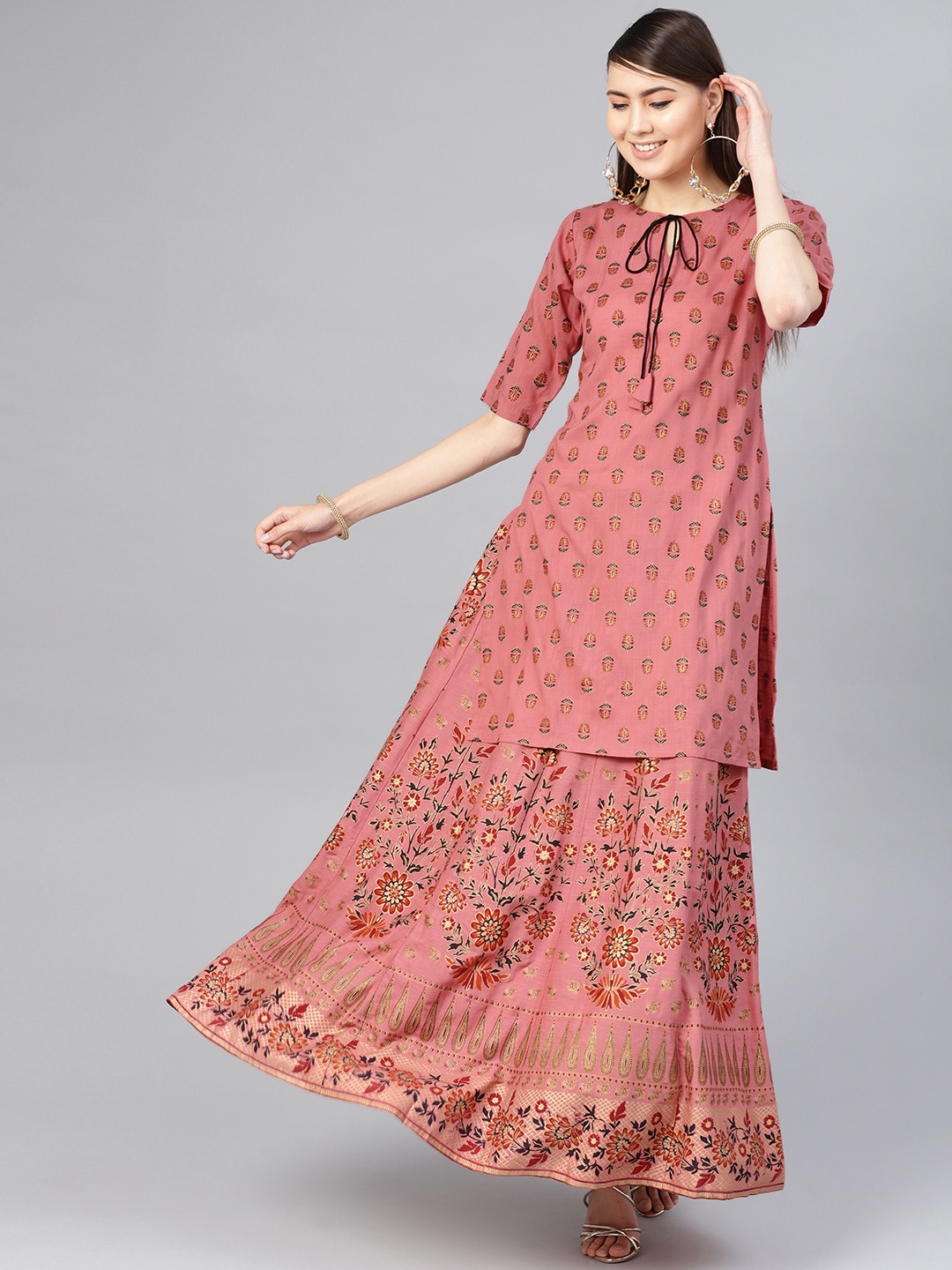 

Libas Women Dusty Pink & Maroon Printed Kurta with Skirt