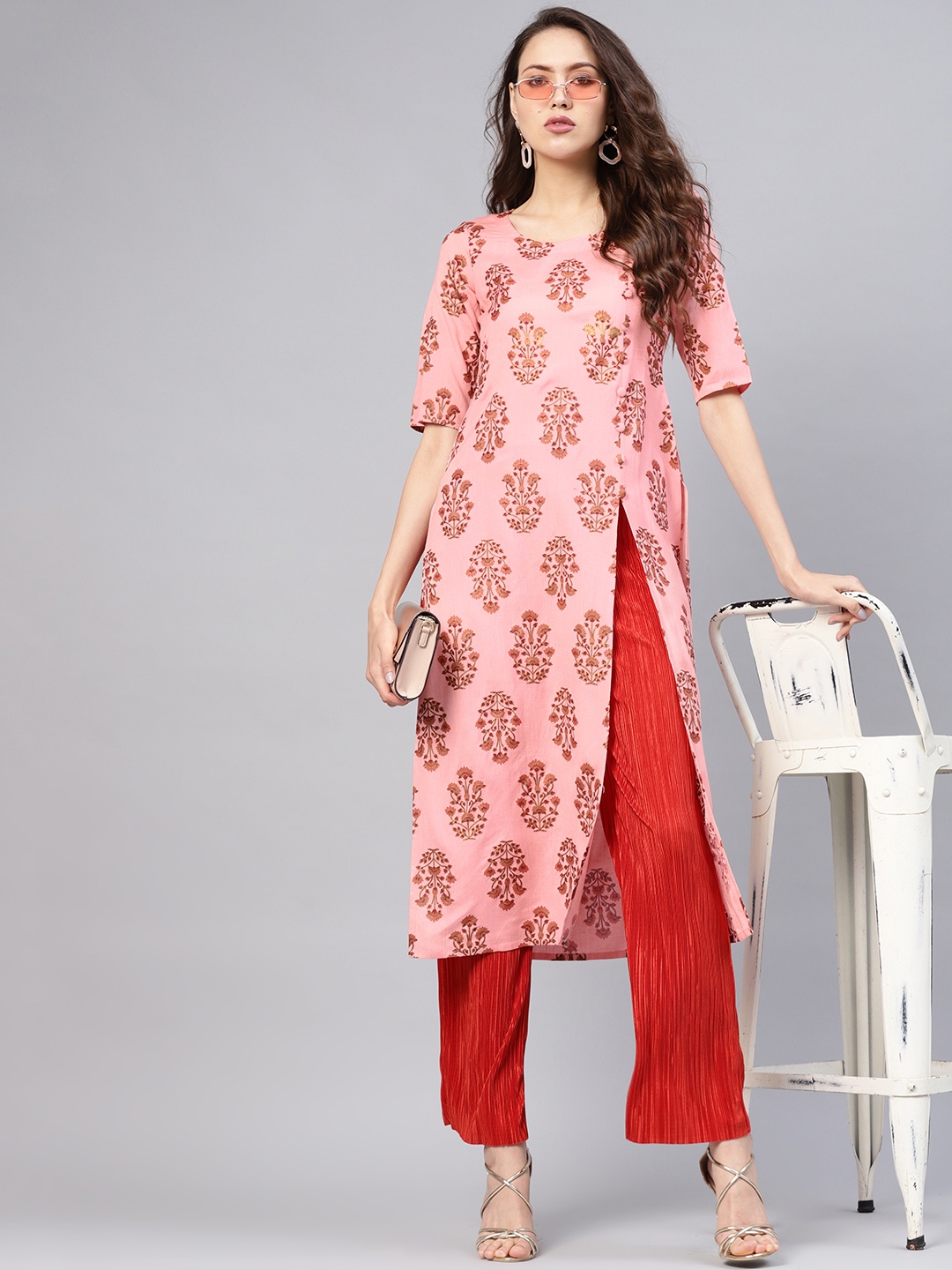 

Libas Women Pink & Maroon Block Print Straight Kurta
