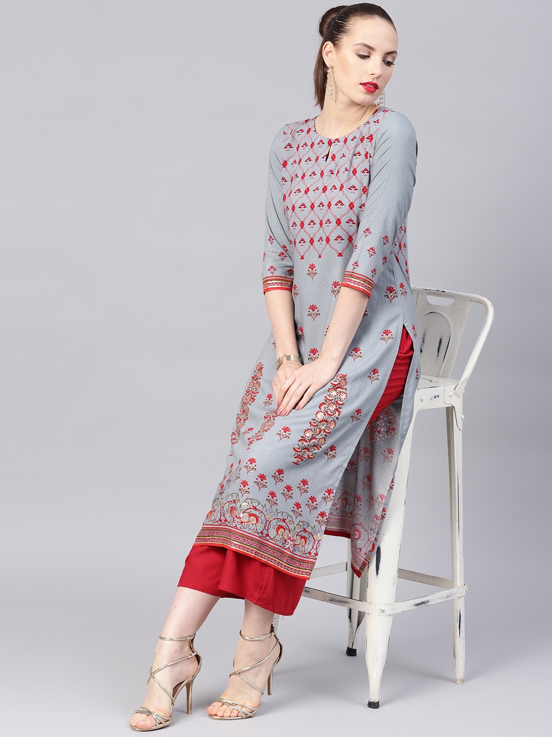 

Libas Women Grey & Red Floral Print Straight Kurta