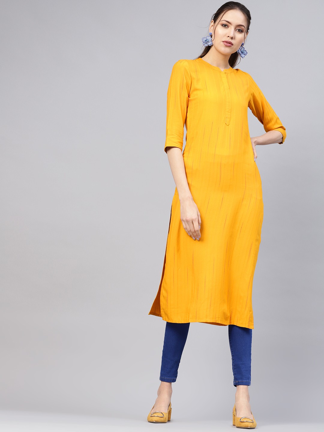 

Libas Women Mustard Yellow Self-Striped Straight Kurta