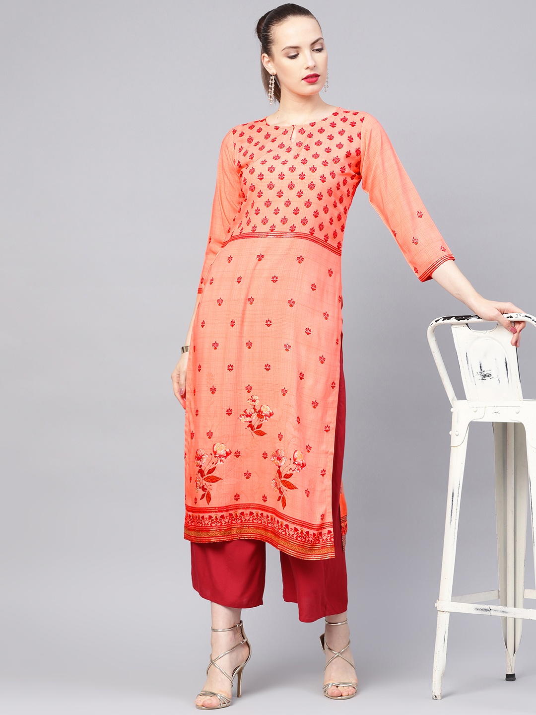 

Libas Women Peach-Coloured & Maroon Printed Straight Kurta