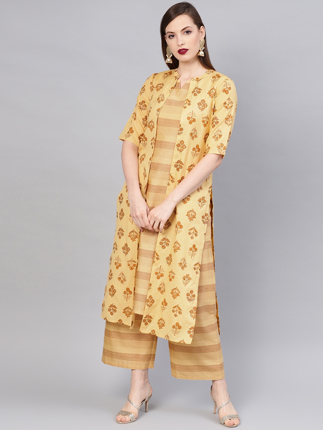 

Libas Women Yellow & Brown Striped Layered Kurta with Palazzos & Ethnic Jacket