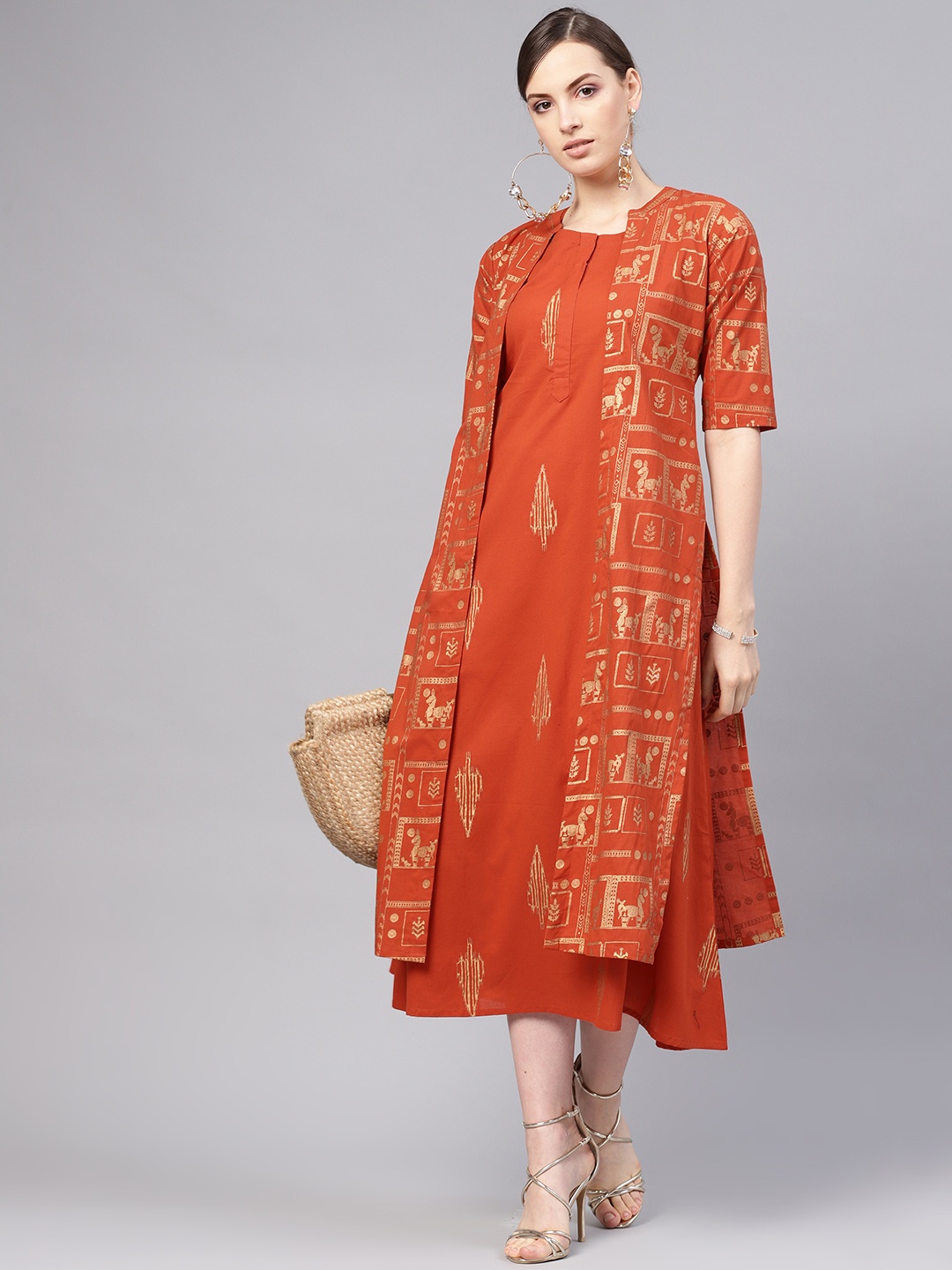 

Libas Women Rust Orange & Golden Block Print Maxi Dress with Ethnic Jacket