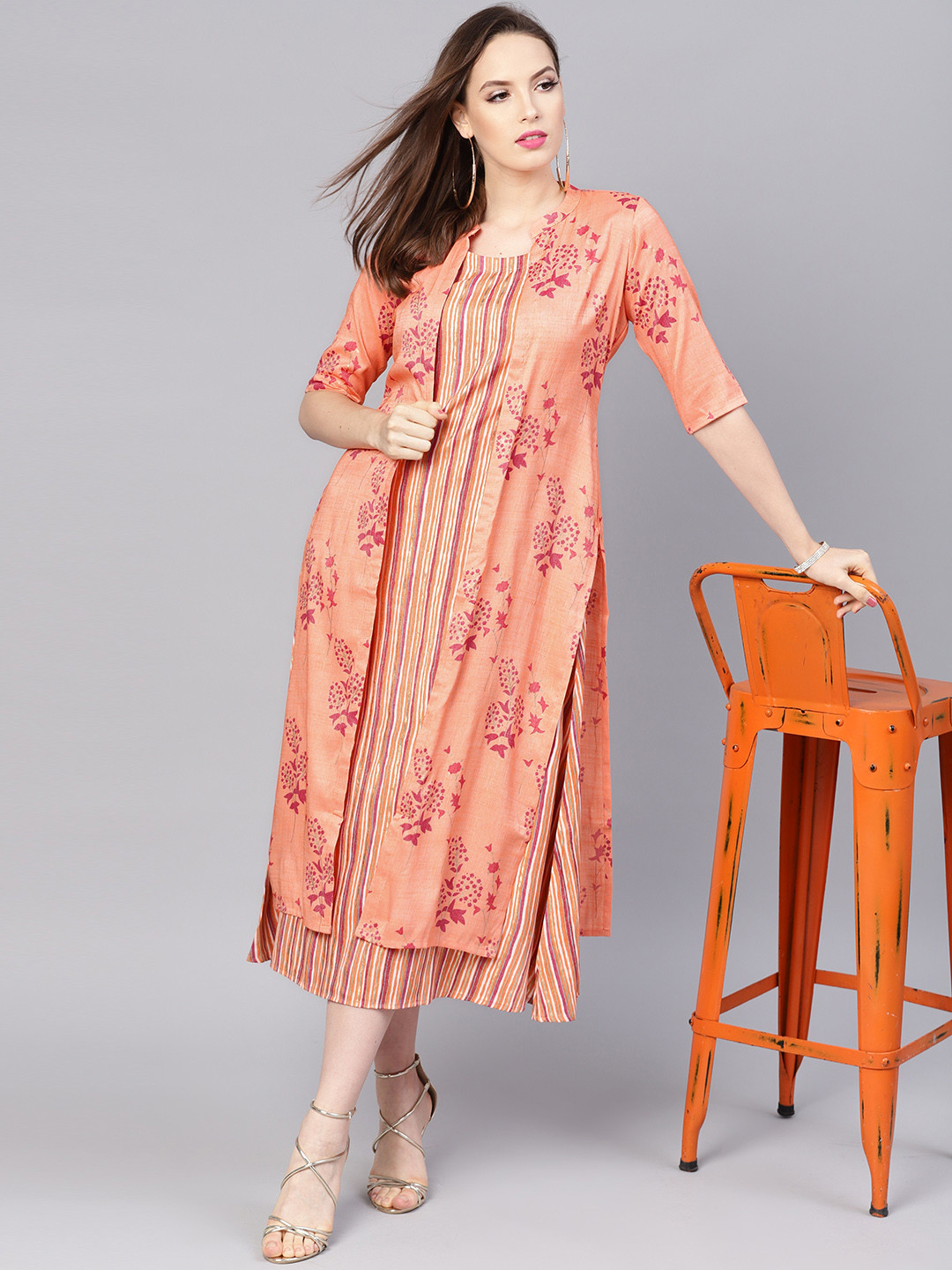 

Libas Women Peach-Coloured & Golden Striped A-Line Dress with Ethnic Jacket