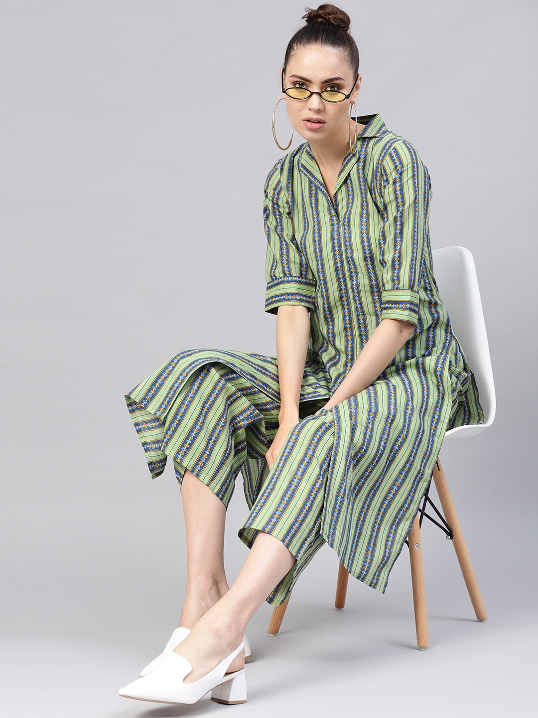 

Libas Women Green & Blue Striped Kurta with Palazzos