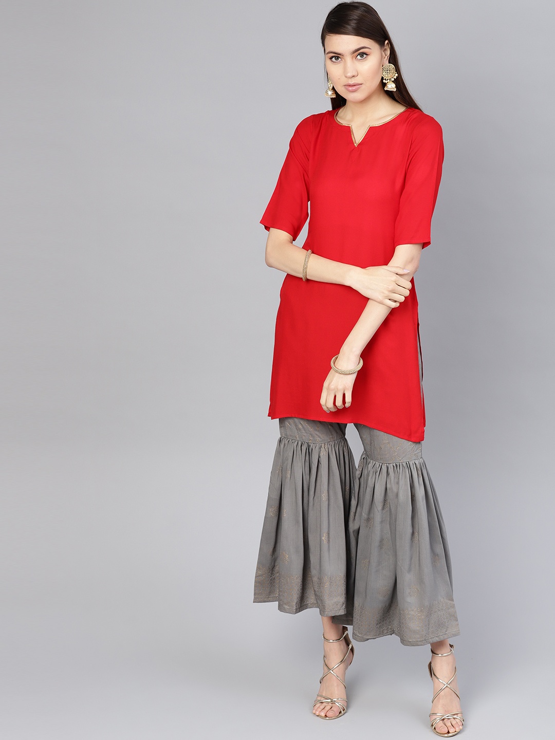 

Libas Women Red & Grey Solid Kurta with Sharara