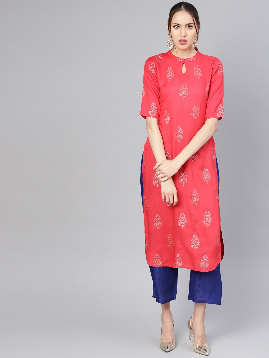 

Libas Women Coral Pink & Blue Block Print Kurta with Palazzos
