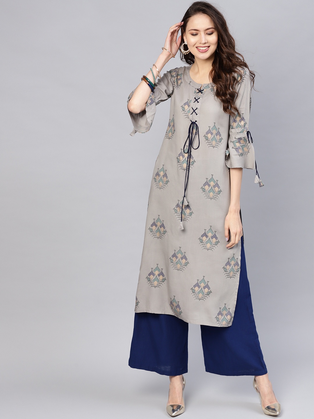 

Libas Women Grey & Navy Blue Block Print Straight Kurta