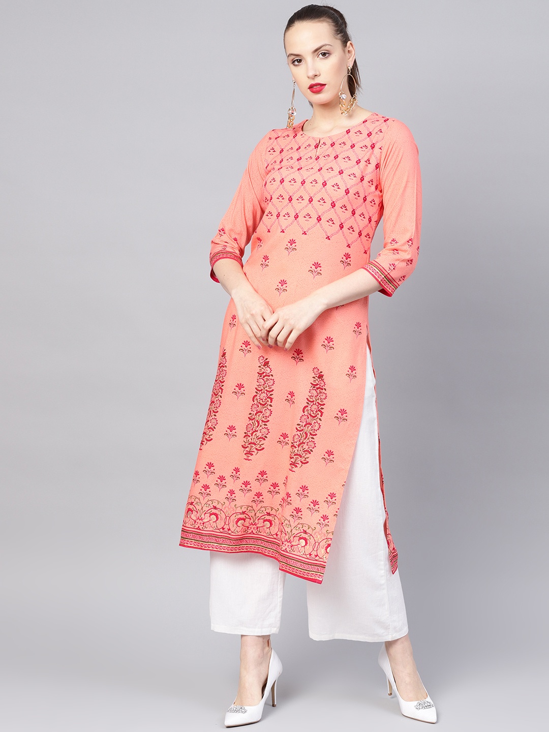 

Libas Women Peach-Coloured & Red Printed Straight Kurta