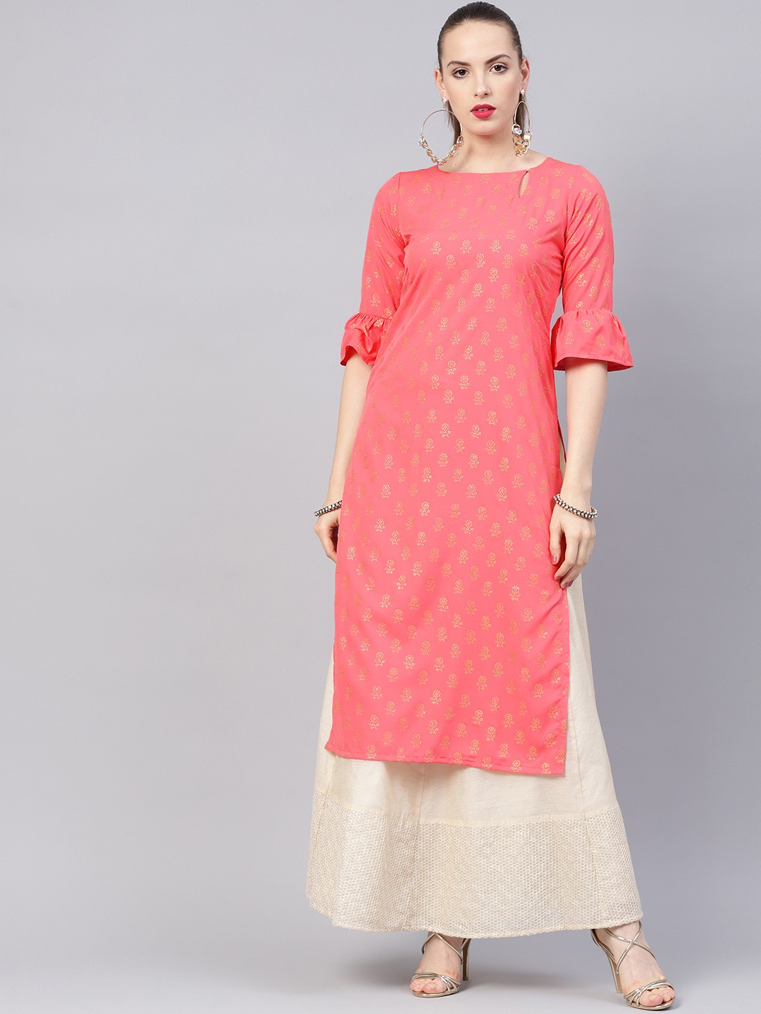 

Libas Women Pink & Golden Block Print Straight Kurta