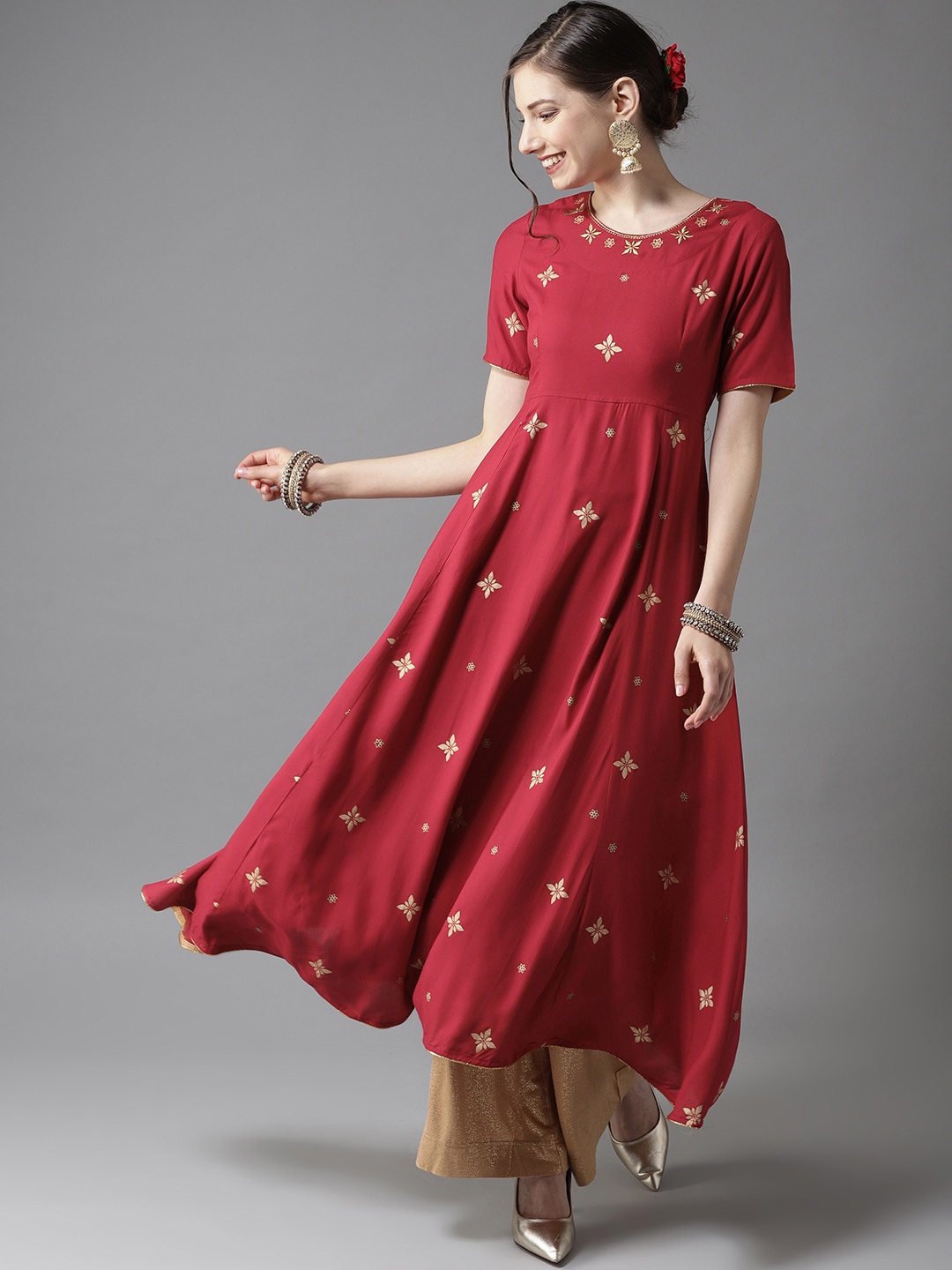 

HERE&NOW Women Red & Golden Floral Print A-Line Kurta