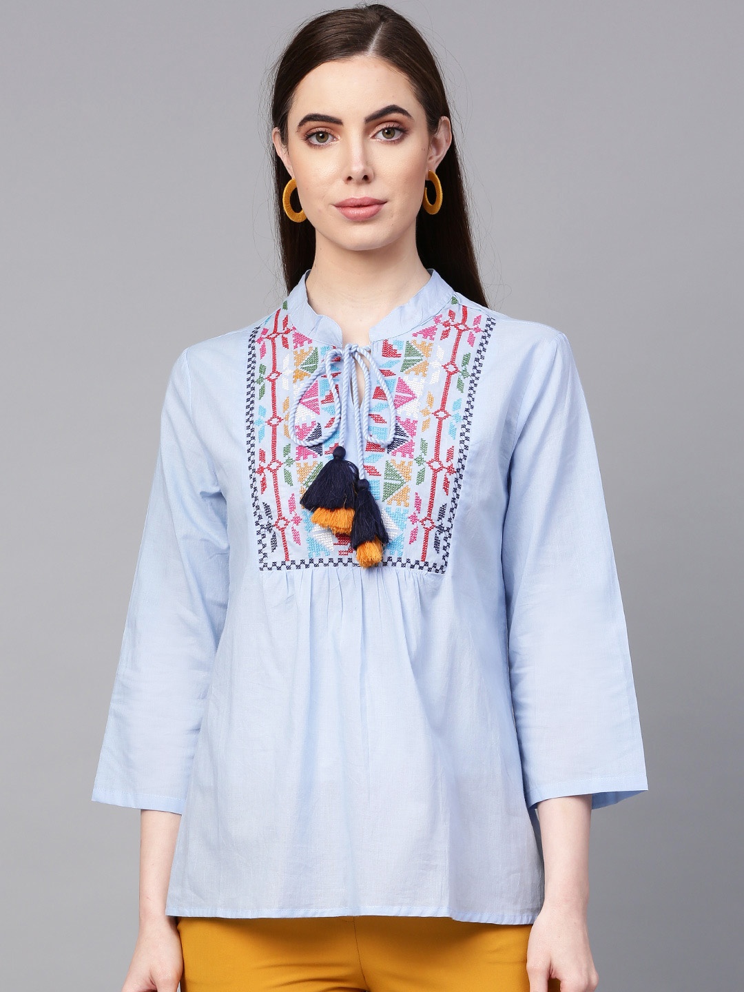 

Bhama Couture Women Blue Embroidered Cotton A-Line Top