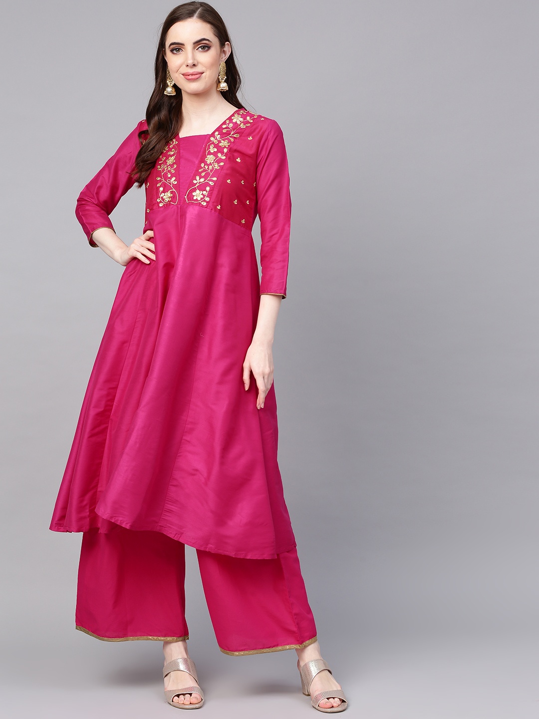 

Bhama Couture Women Fuchsia Pink Yoke Design Anarkali Kurta with Palazzos