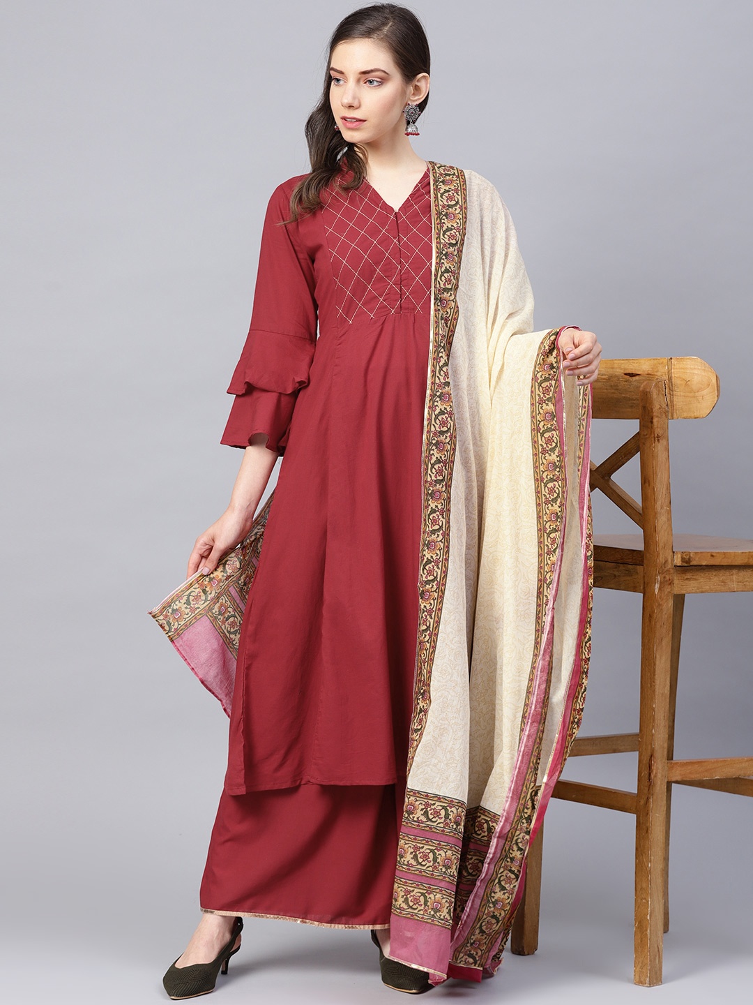 

Bhama Couture Women Maroon & Off-White Yoke Design Kurta with Palazzos & Dupatta