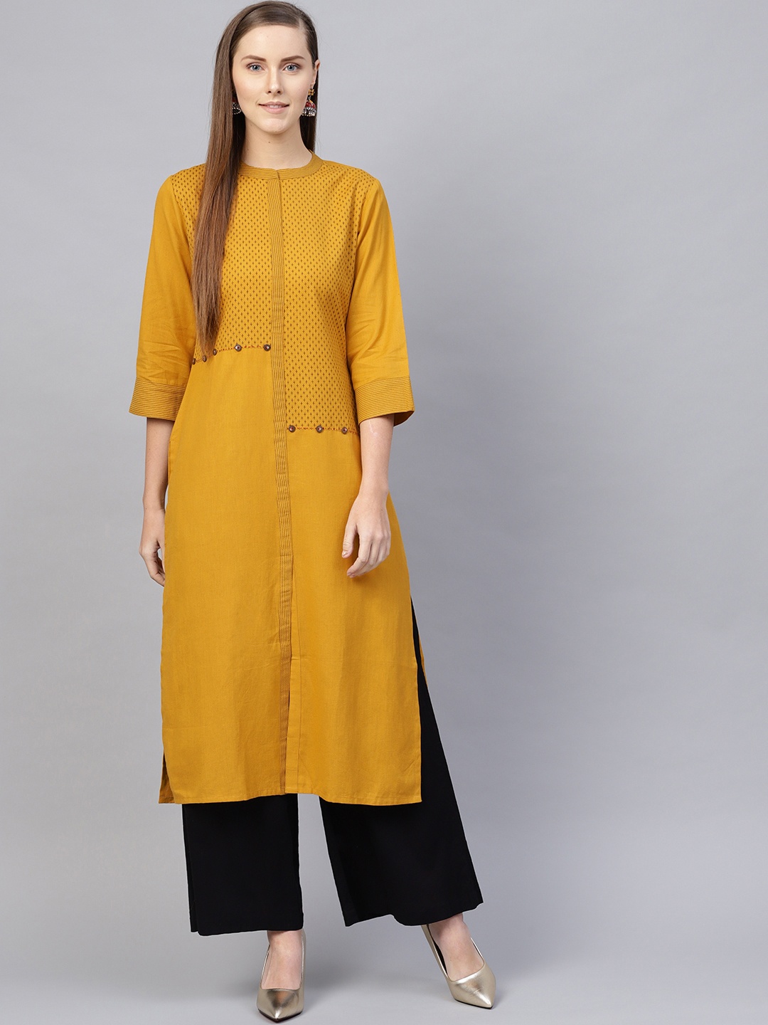 

Varanga Women Mustard Yellow & Black Printed Straight Kurta