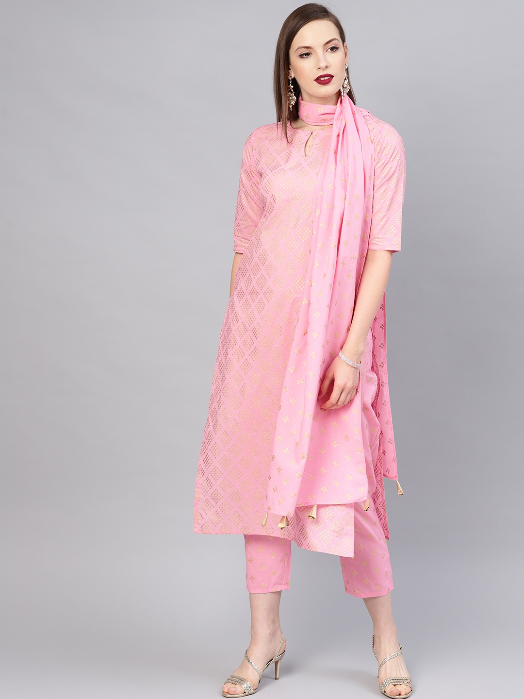 

Libas Rosy Pink Rhombus Block Print Pure Cotton Kurta Set