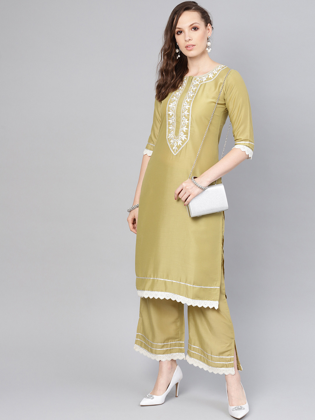 

Libas Women Olive Green Yoke Design Kurta with Palazzos