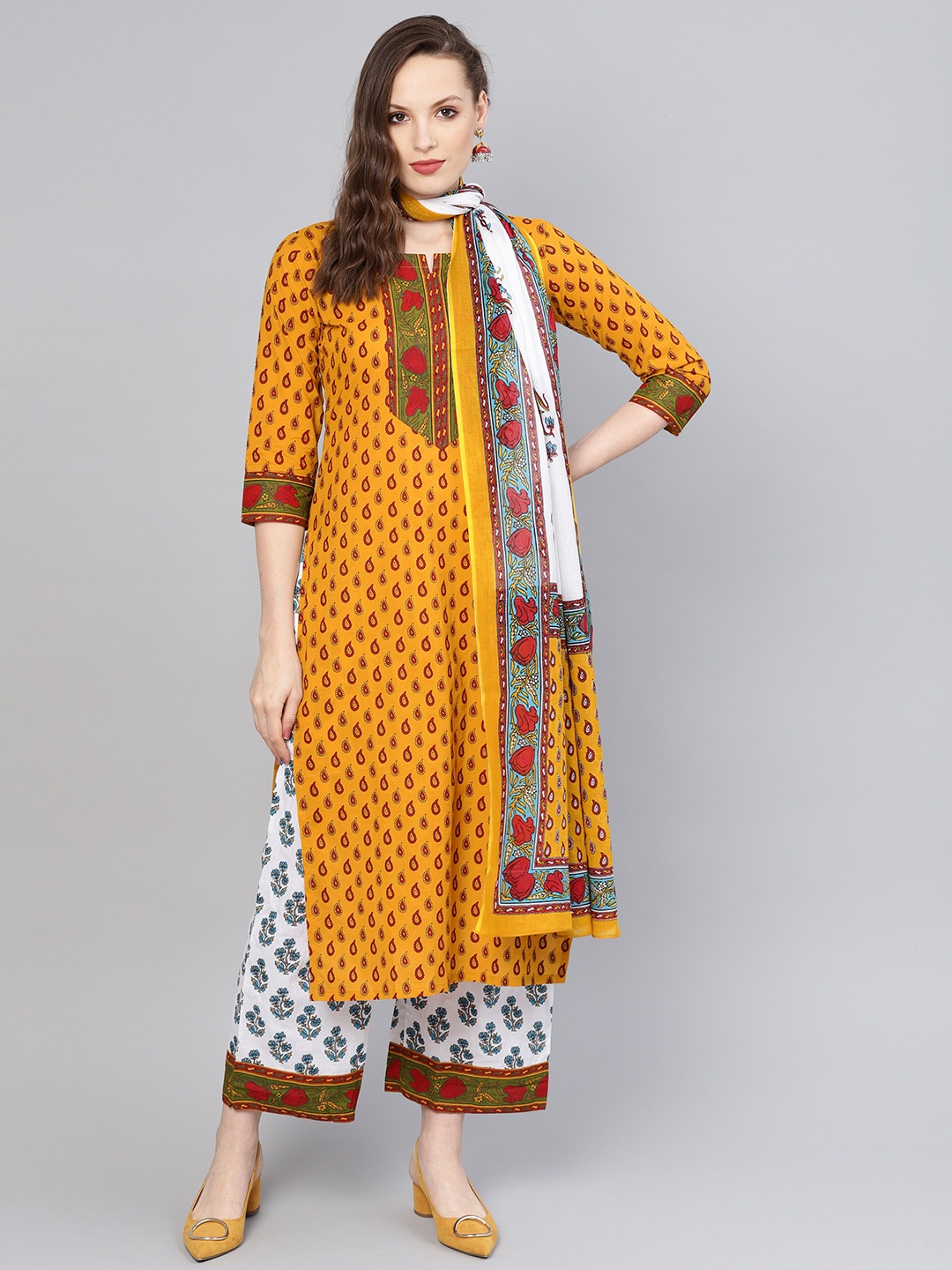 

Libas Women Mustard Yellow & White Printed Kurta with Palazzos & Dupatta