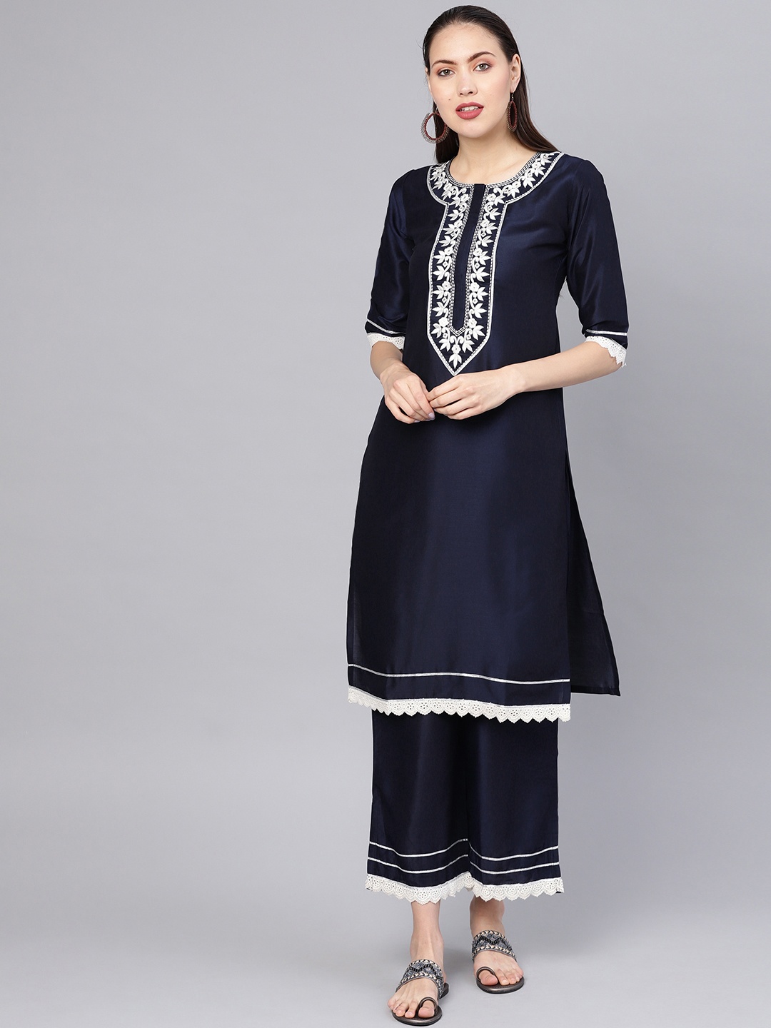 

Libas Women Navy Blue Yoke Design Kurta with Palazzos