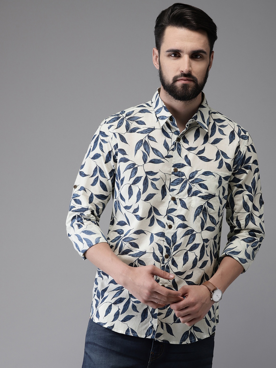 

Anouk Men White & Navy Blue Printed Pure Cotton Casual Shirt