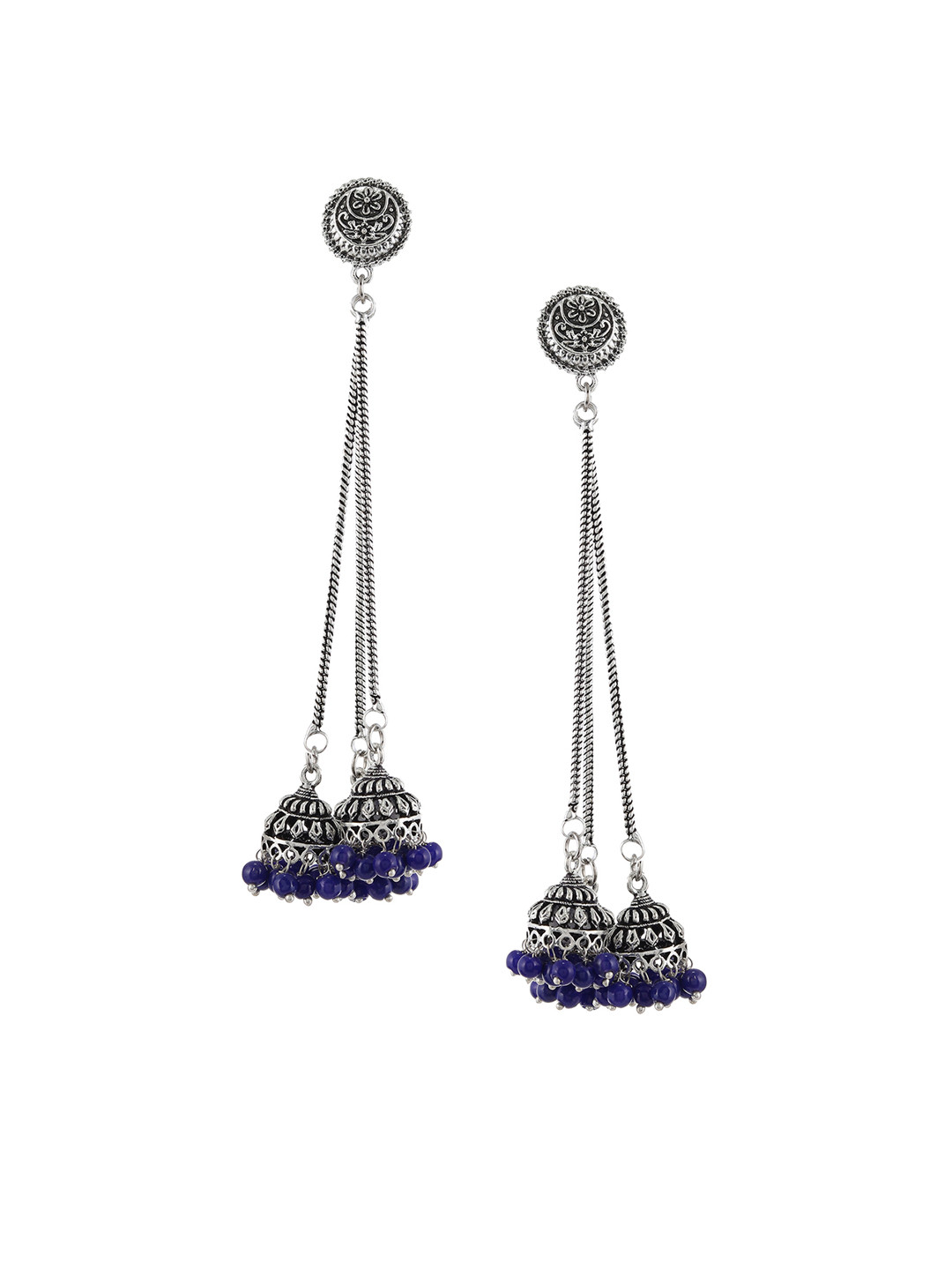 

Silvermerc Designs Oxidised Silver-Plated & Blue German Silver Dome Shaped Jhumkas