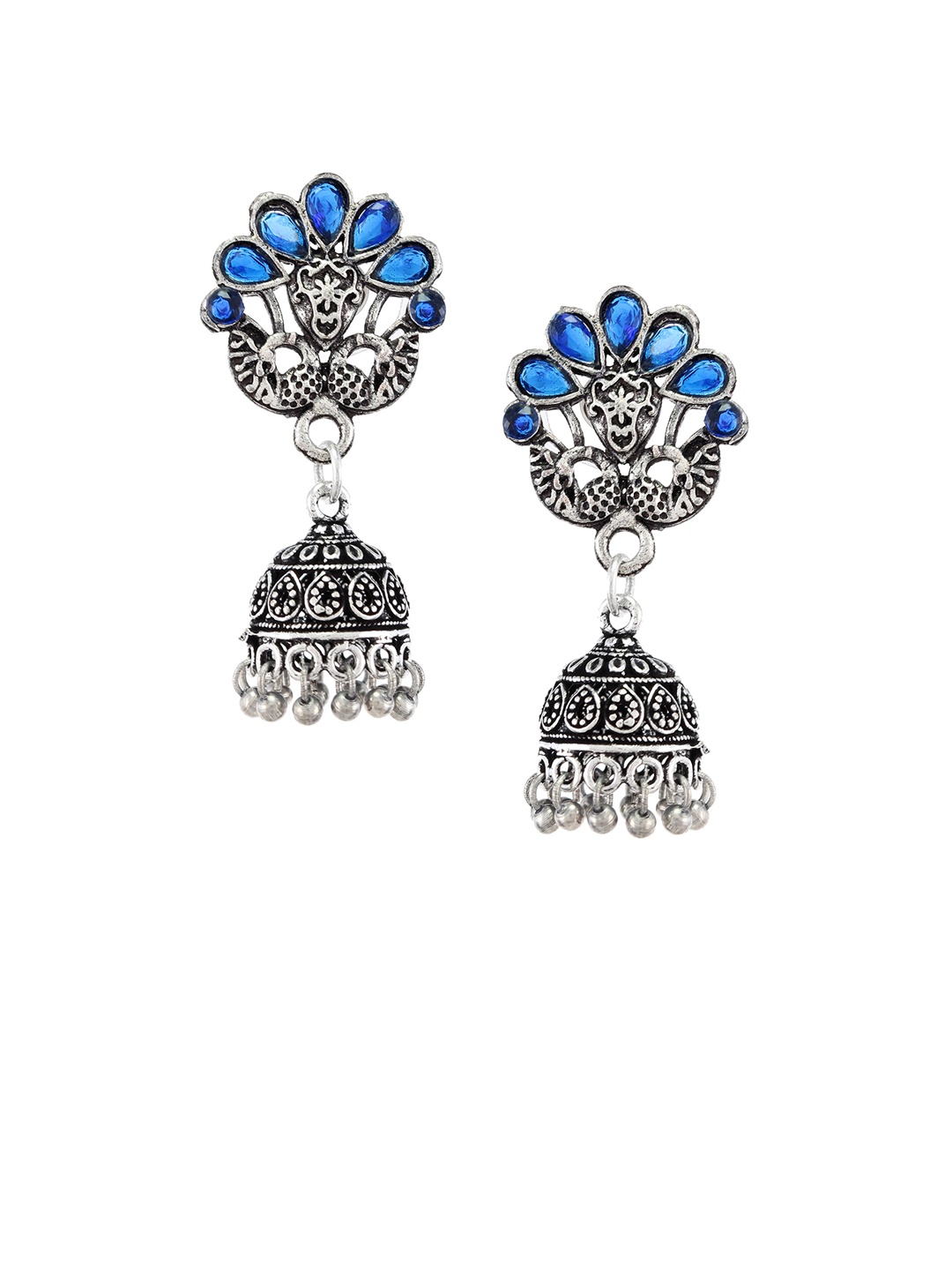 

Silvermerc Designs Silver-Toned & Blue Dome-Shaped Jhumkas