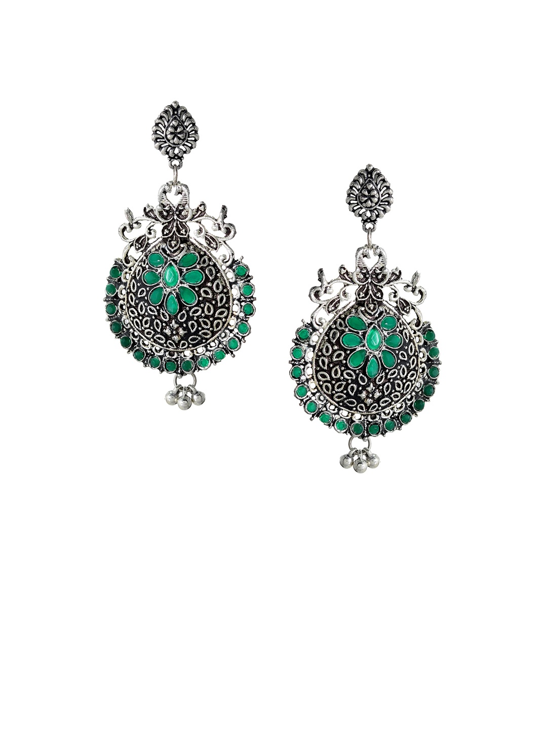 

Silvermerc Designs Silver-Toned & Green Circular Drop Earrings