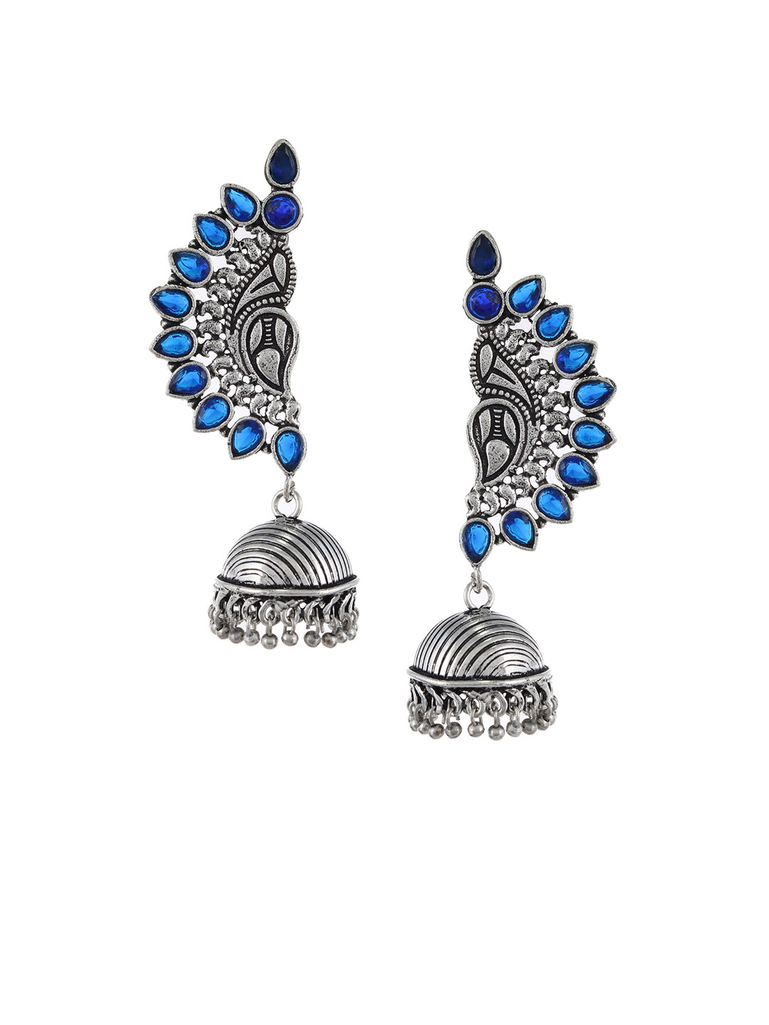 

Silvermerc Designs Silver-Toned & Blue Dome-Shaped Drop Earrings