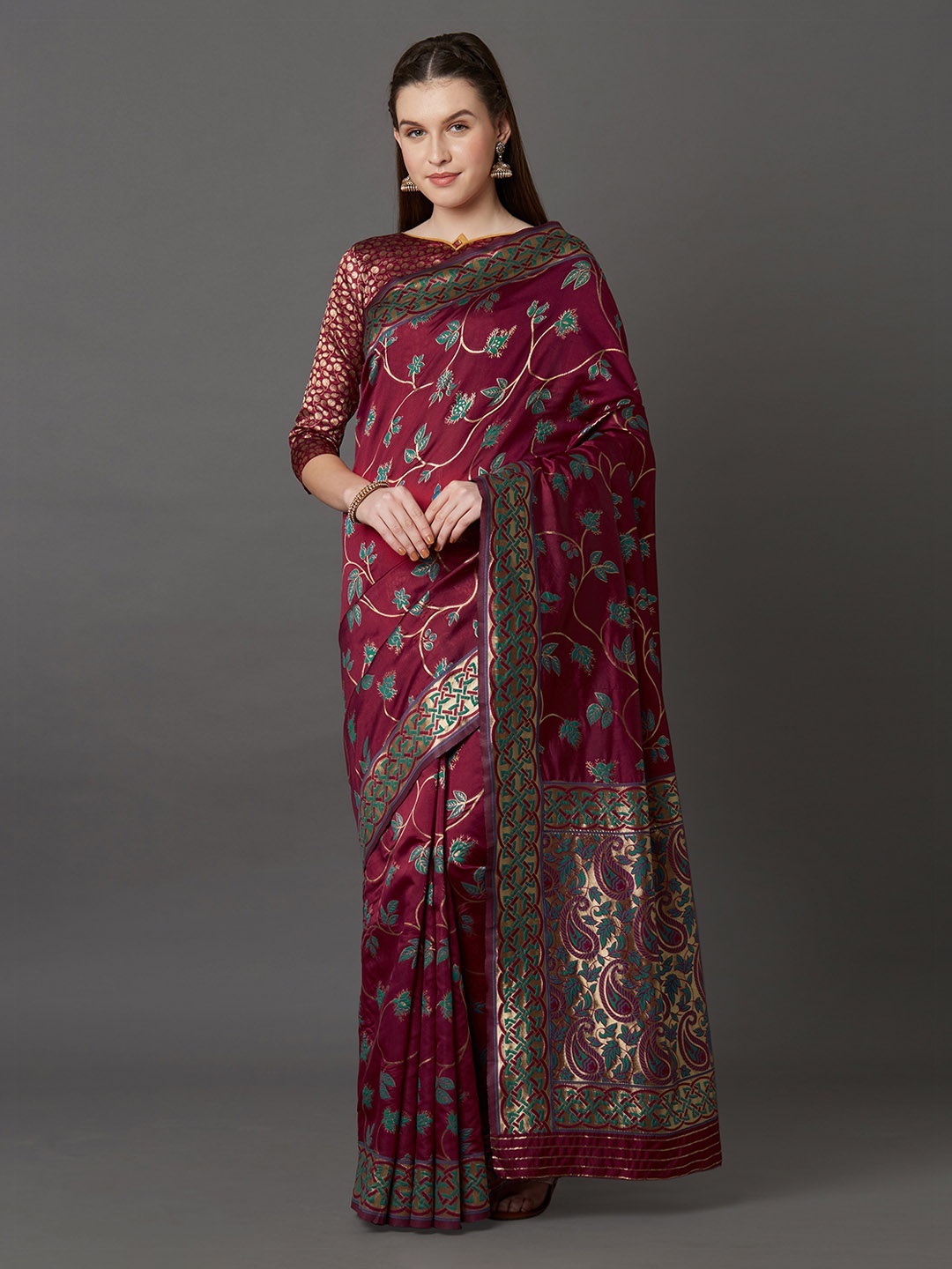 

Mitera Magenta Silk Blend Woven Design Kanjeevaram Saree