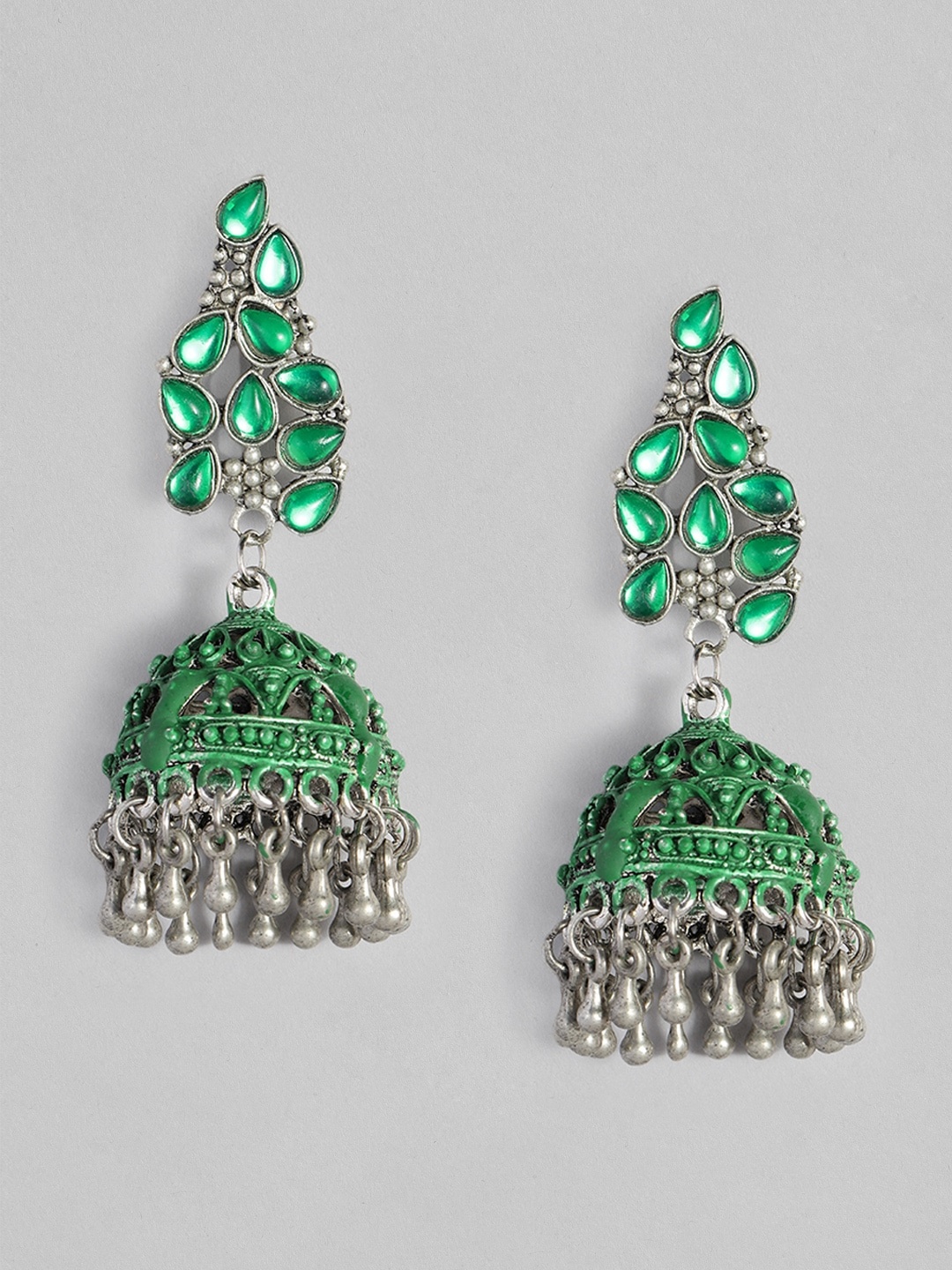 

Anouk Green Silver-Plated Oxidised Stone Studded Dome Shaped Meenakari Jhumkas