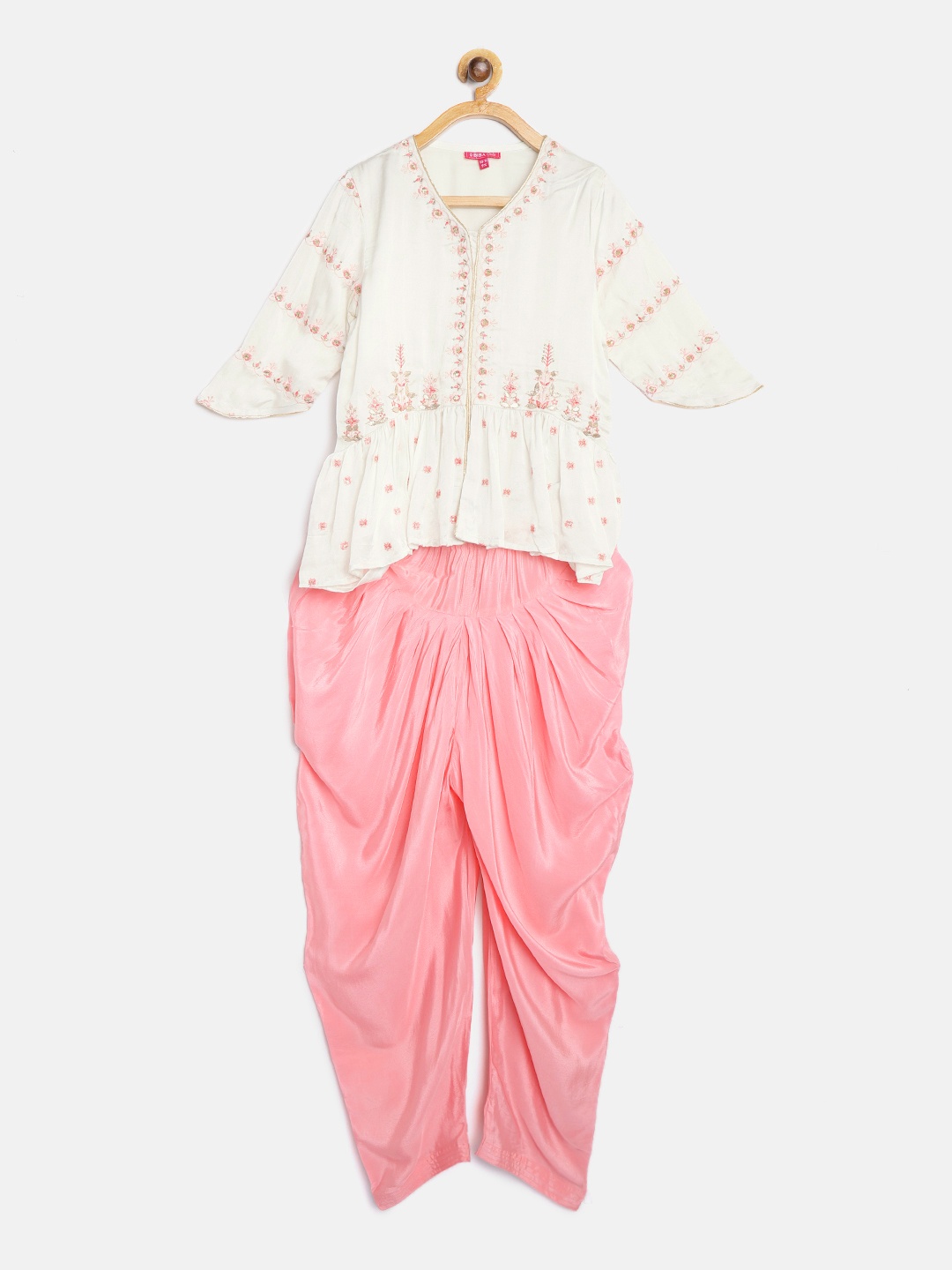 

Biba Girls White & Pink Embroidered Kurti with Salwar