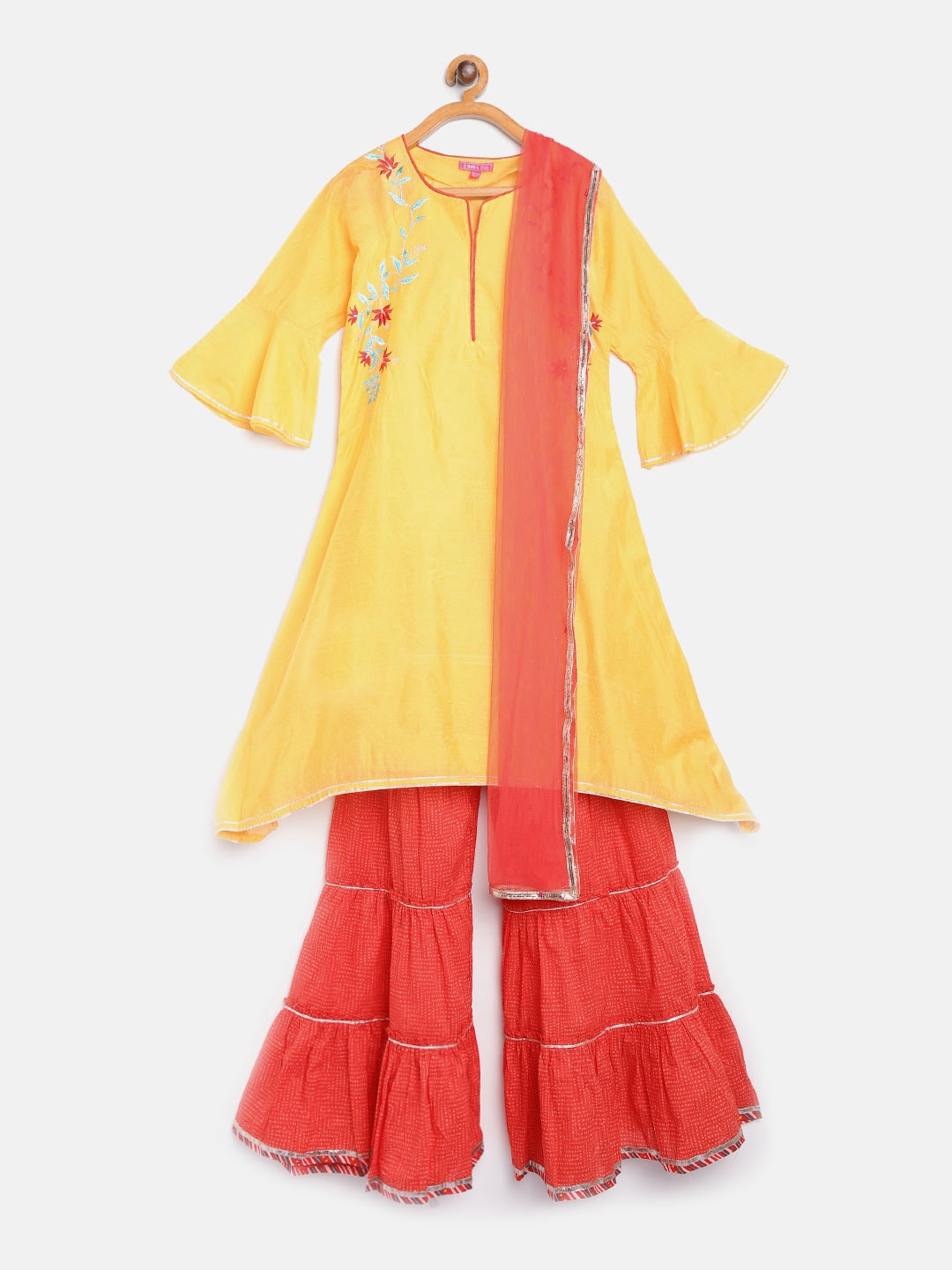 

Biba Girls Yellow & Red Yoke Design Kurta with Sharara & Dupatta