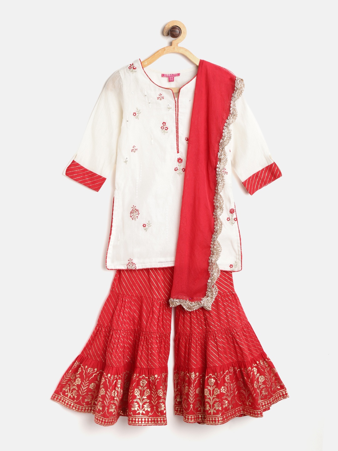 

Biba Girls White & Red Embroidered Kurta with Sharara & Dupatta