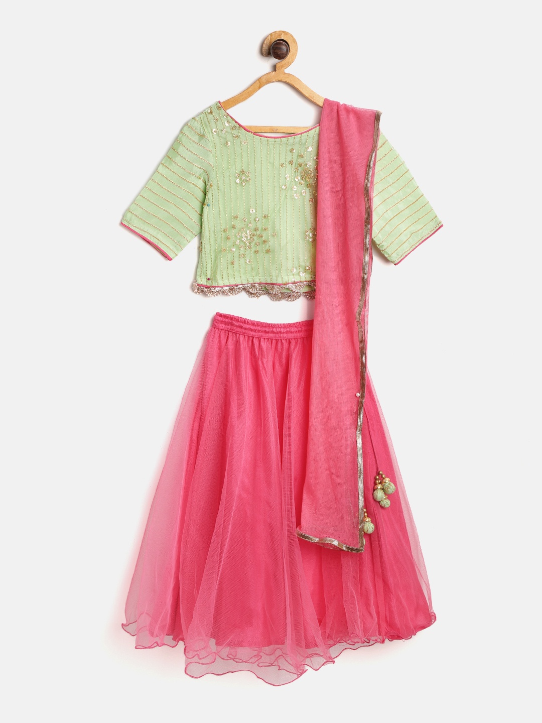 

Biba Girls Pink & Green Embellished Ready to Wear Lehenga & Blouse with Dupatta