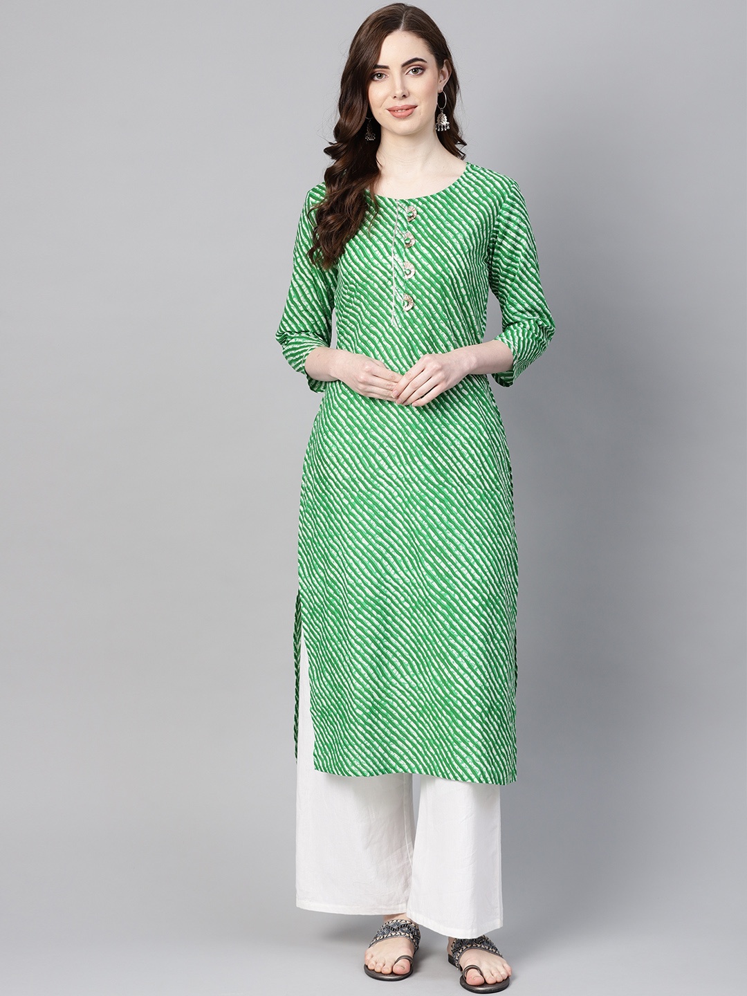 

Yufta Women Green & Off-White Leheriya Dyed Straight Kurta