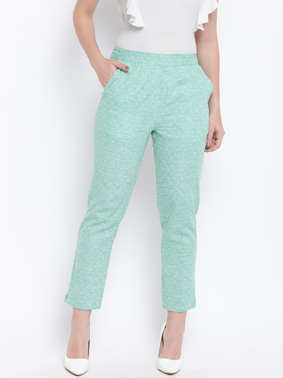 

Be Indi Women Green Regular Fit Self Design Cigarette Trousers