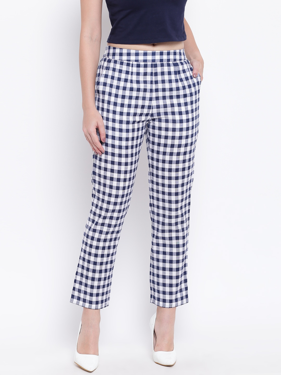 

Be Indi Women White & Navy Blue Regular Fit Buffalo Checks Trousers