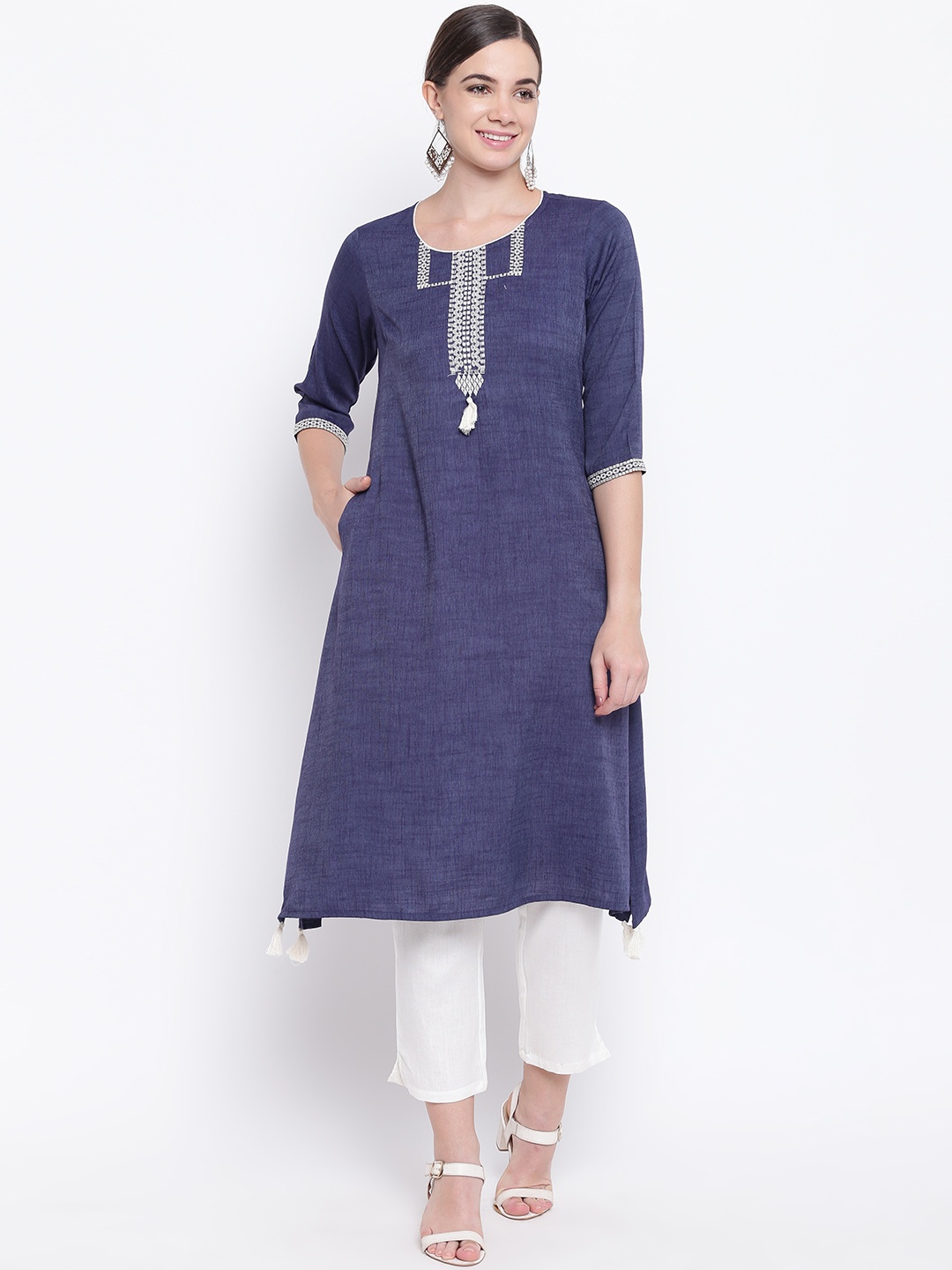 

Be Indi Women Navy Blue Yoke Design A-Line Kurta