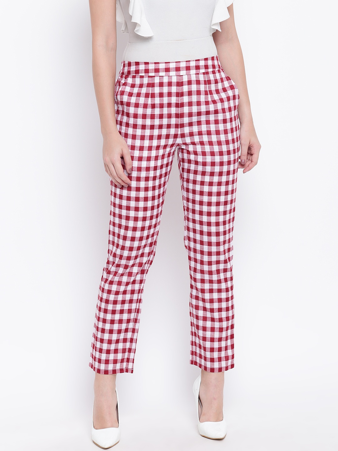 

Be Indi Women White & Maroon Regular Fit Buffalo Checks Trousers