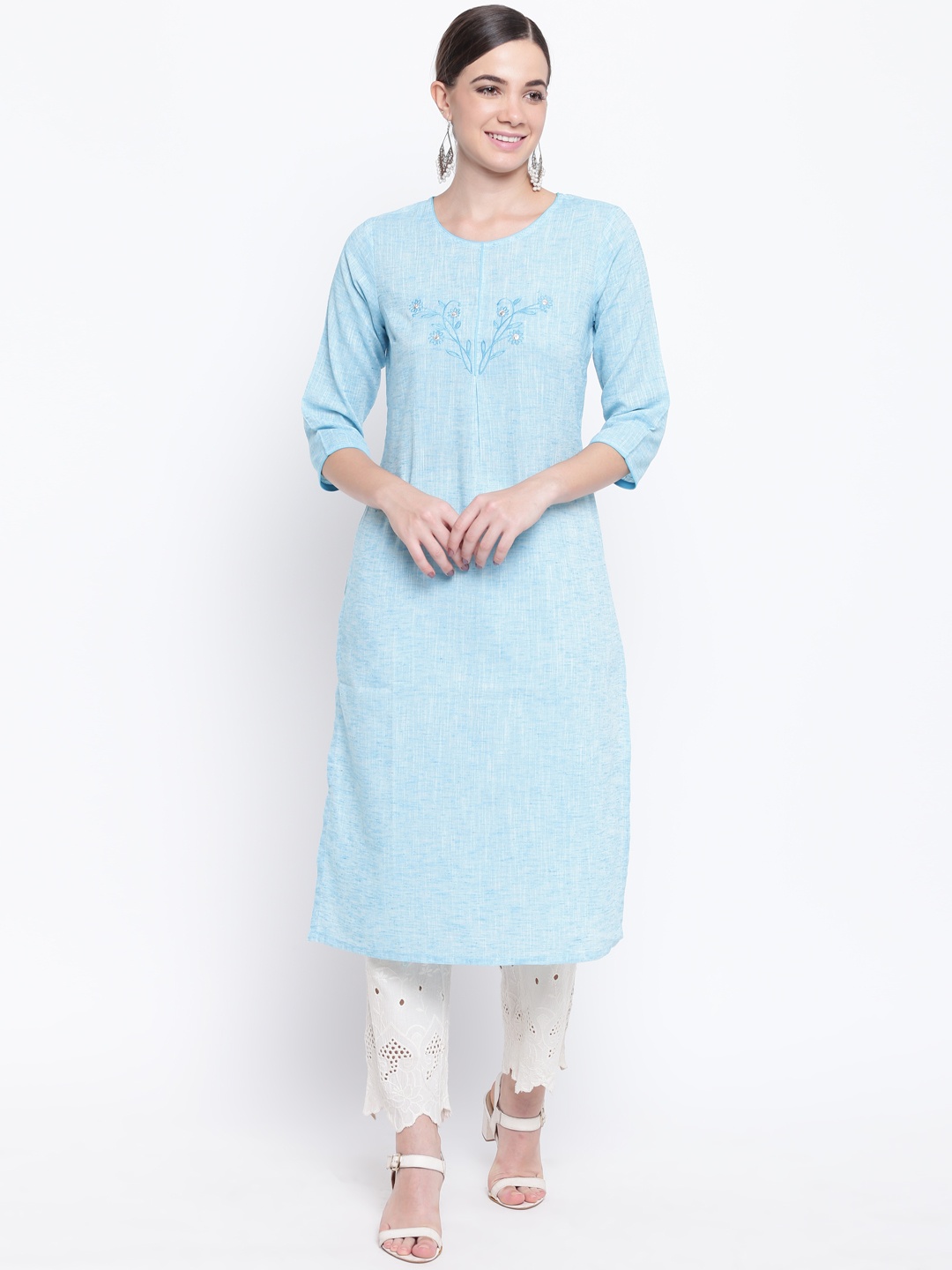 

Be Indi Women Blue Woven Design Straight Kurta