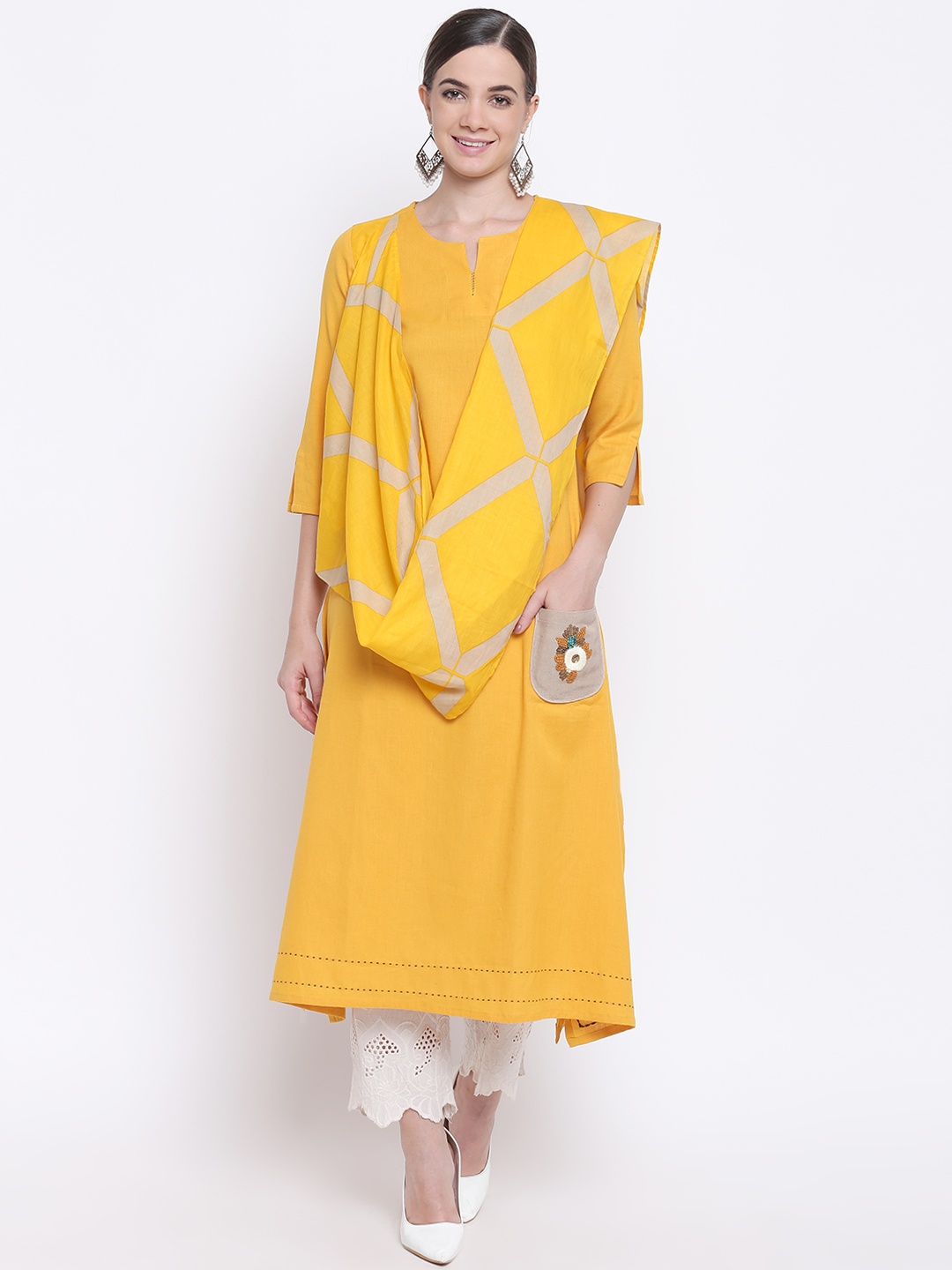 

Be Indi Women Mustard Yellow Solid A-Line Kurta with Attached Dupatta